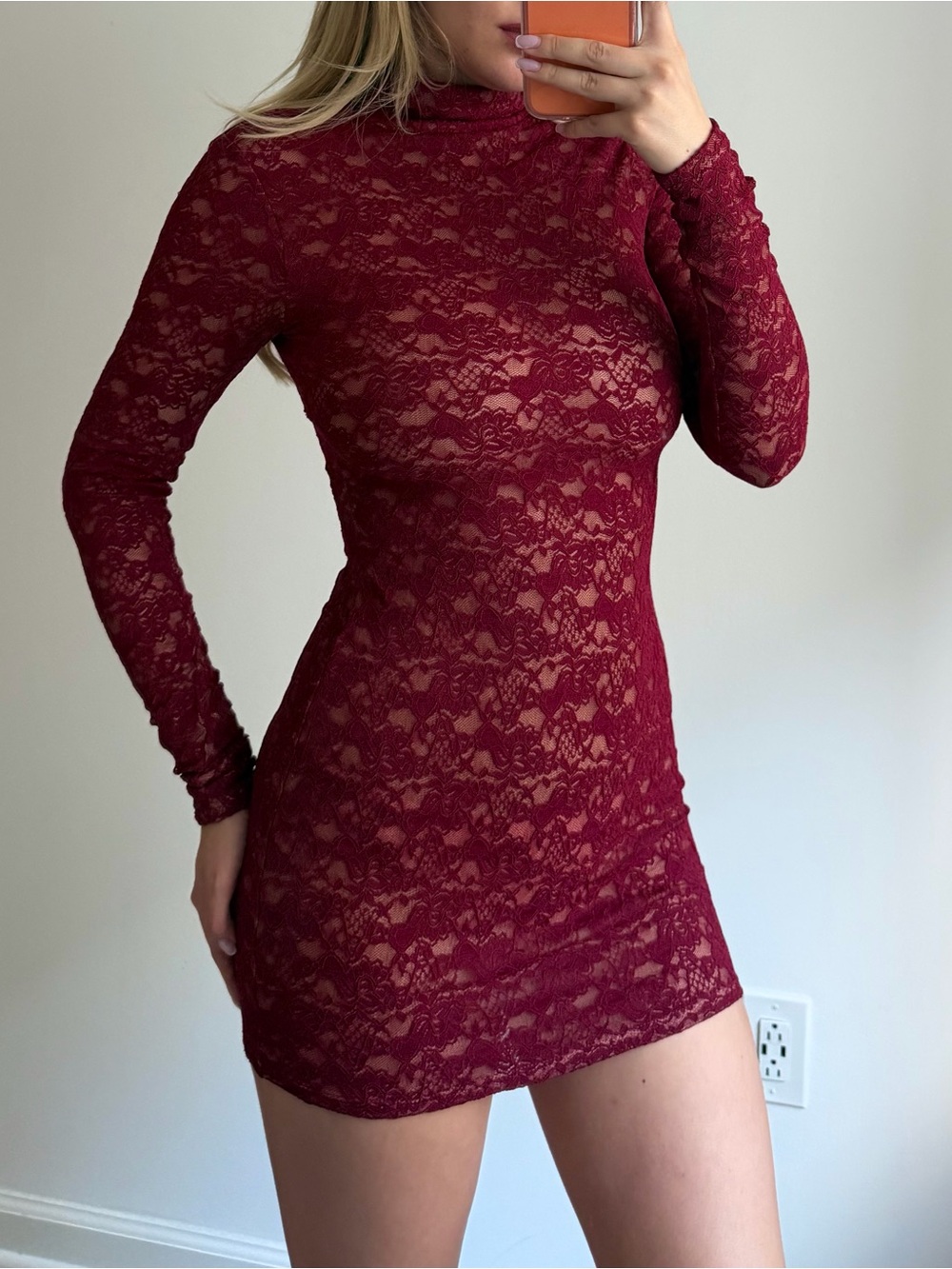 Long-Sleeve Burgundy Lace Bodycon Mini Dress